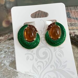 Vintage L'Orient Crown Trifari Root Beer Cabochons Green Enamel Snake Earrings